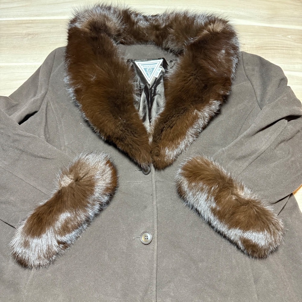 Marvin Richards Wool Cashmere Coat Womens 22 Brown Fox Fur Trim MR6WU039 Luxury - Picture 2 of 12